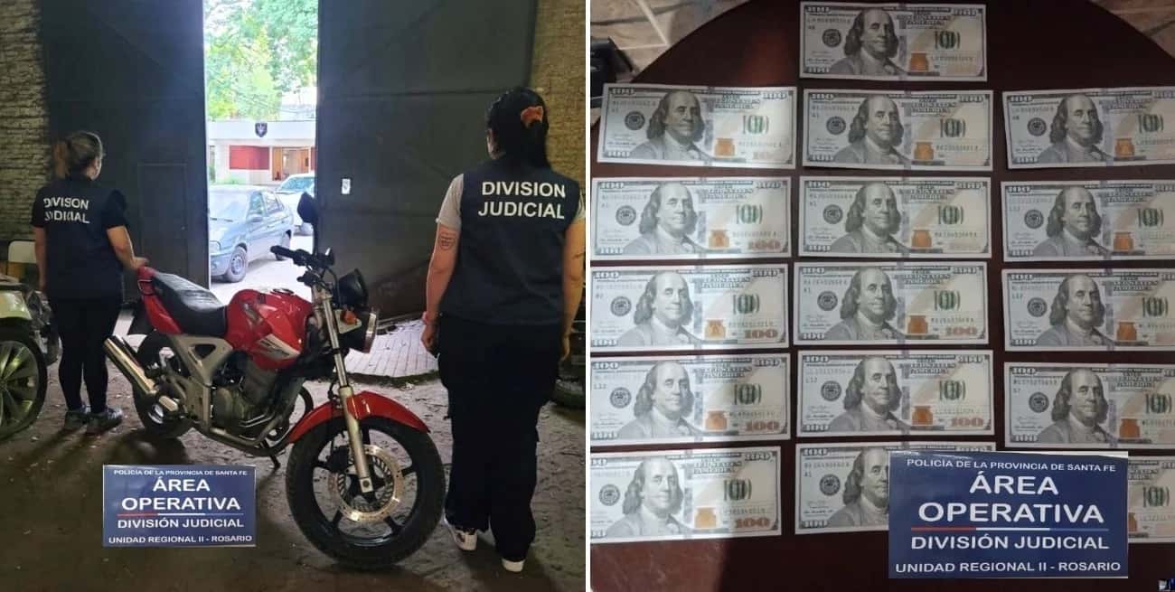 La moto en cuestión y el dinero que fue secuestrado.